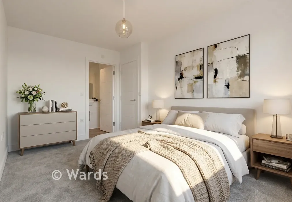 Virtually Staged Master Bedroom - The Maple, Faversham Lakes, Ham Road, Faversham, Kent - Wards of Kent